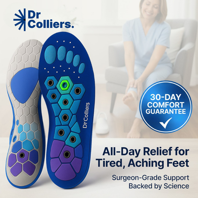 Dr Colliers insoles with a 30-day comfort guarantee badge and a blurred background of a person sitting on a couch.