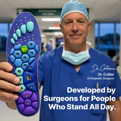 Surgeon holding a colorful shoe insole with text about its development by surgeons.