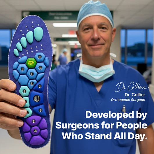 Surgeon holding a colorful shoe insole with text about its development by surgeons.